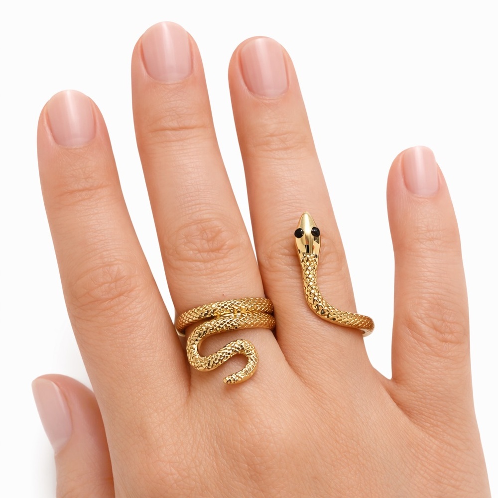 Unique Gold Tone Double Finger Snake Ring Size 7.75 Serpent Wrap Statement Ring - Picture 3 of 15